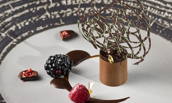 Dezert ChocoTube Chocolate a čokoládová ganache. Dekorácia: čokoládová mriežka a čerstvé drobné ovocie.