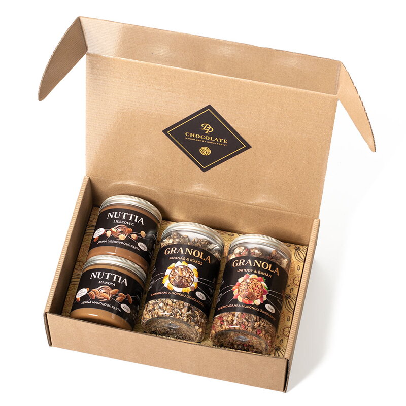 Darčekový box Granola s mliečnou a horku čokoládou a orieškovými pastami (840g) Darčekový box Granola s mliečnou a horku čokoládou a orieškovými pastami (840g)