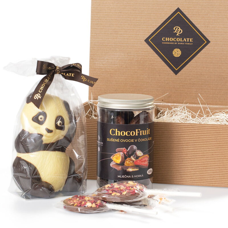 Darčekový box – PANDA, ovocie v čokoláde a lízanky (310g) Darčekový box – PANDA, ovocie v čokoláde a lízanky (310g)