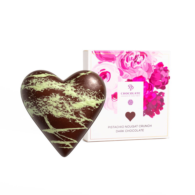Srdiečko z horkej čokolády plnené pistáciovou pralinkou kvet (100g)