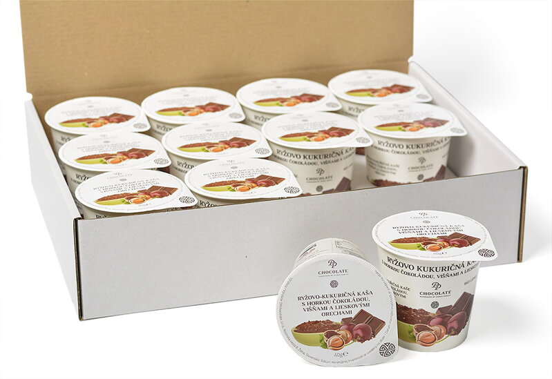 Ryžovo-kukuričná kaša s horkou čokoládou, višňami a lieskovcami (40g) (balenie 12ks) Ryžovo-kukuričná kaša s horkou čokoládou, višňami a lieskovcami (40g) (balenie 12ks)