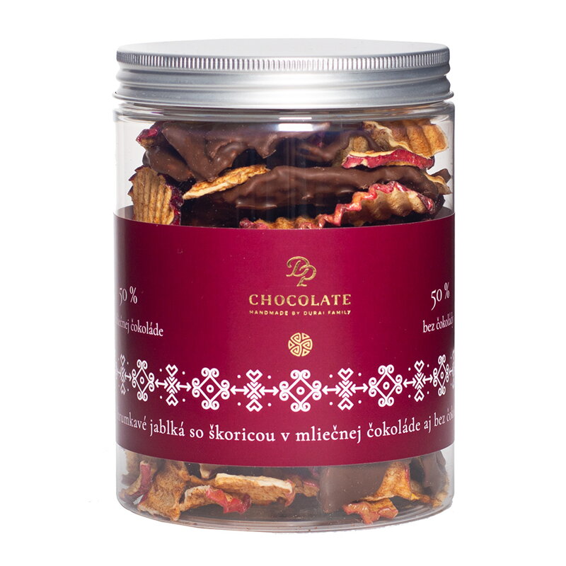 SK Sušené jablká macerované so škoricou v mliečnej čokoláde aj bez čokolády (180g)