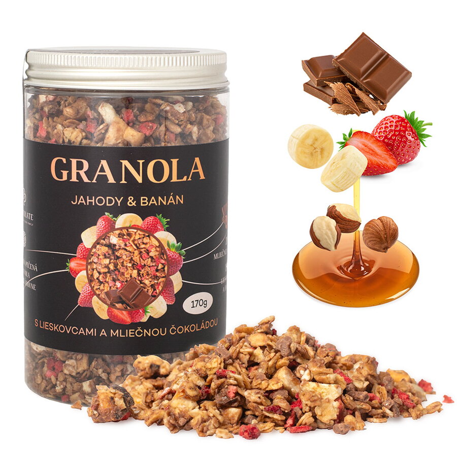 Granola Jahody & Banán s lieskovcami a mliečnou čokoládou (170g)