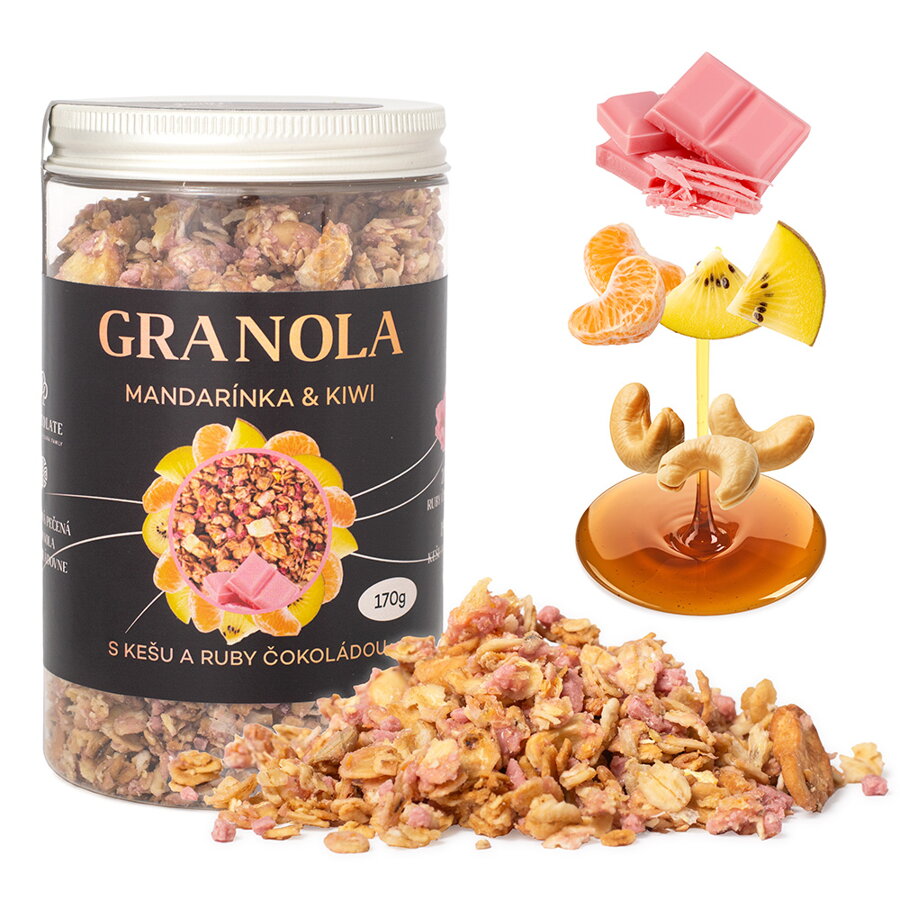 Granola Mandarínka & Kiwi s kešu a ruby čokoládou (170g)
