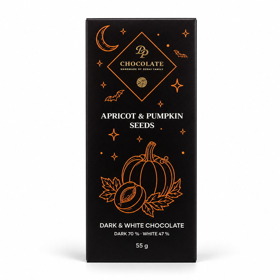 Halloween - Tabuľka 55g Basic Horká & Biela s marhuľou a semienkami tekvice