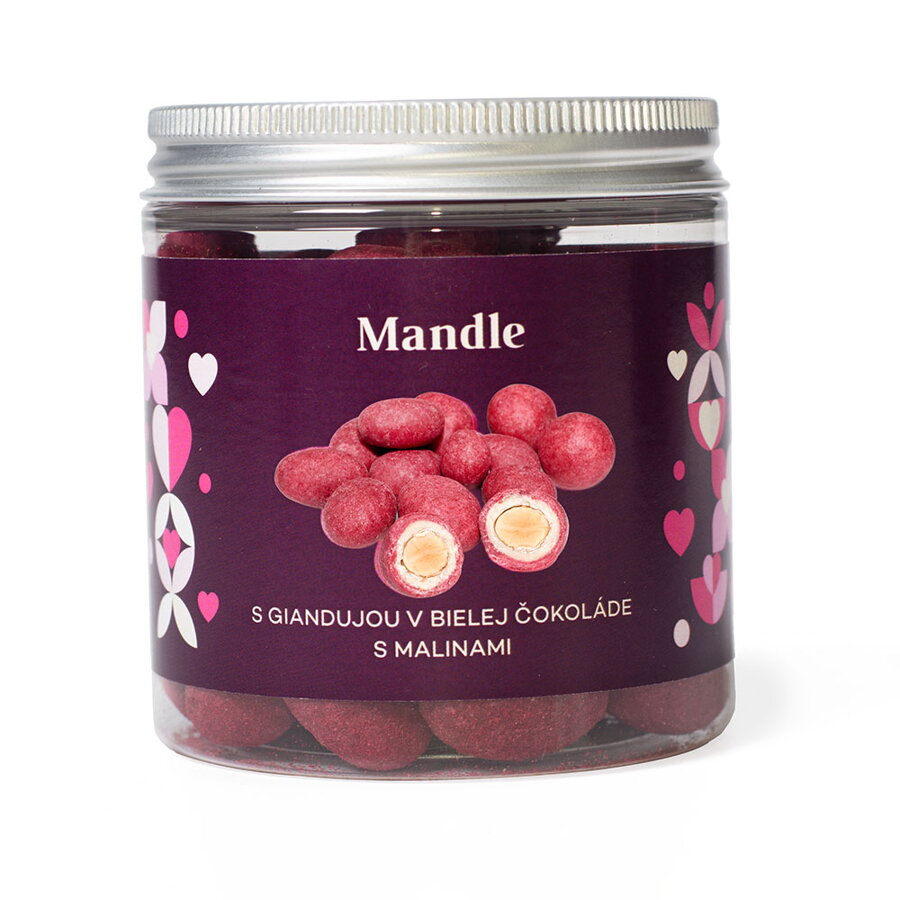 Valentín - Mandle s malinovou giandujou v bielej čokoláde s malinami (150g)
